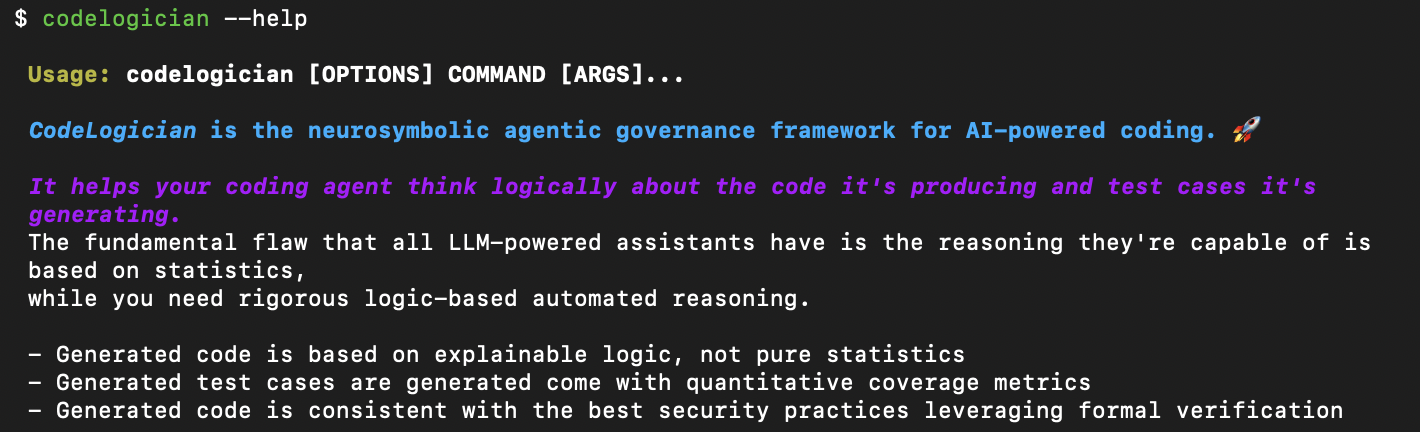 Terminal showing CodeLogician CLI help command with framework description and key features