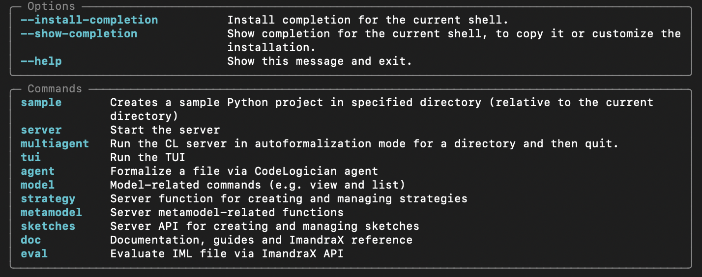 Terminal showing CodeLogician CLI available commands including sample, server, eval, doc and more