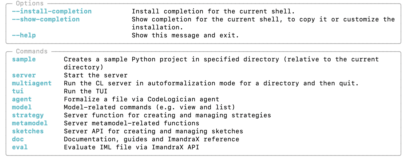 Terminal showing CodeLogician CLI available commands including sample, server, eval, doc and more