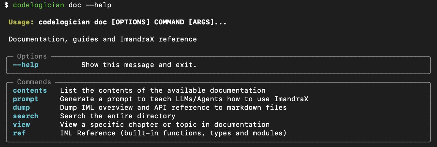 Terminal showing codelogician doc help with available sub-commands like contents, prompt, dump, search, view, and ref