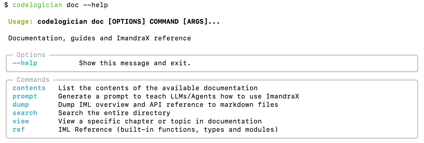 Terminal showing codelogician doc help with available sub-commands like contents, prompt, dump, search, view, and ref