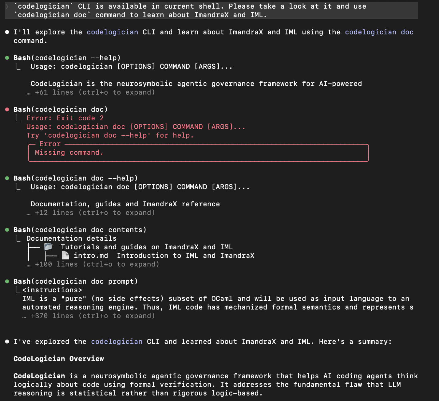 Claude Code exploring the CodeLogician CLI and learning about ImandraX and IML documentation