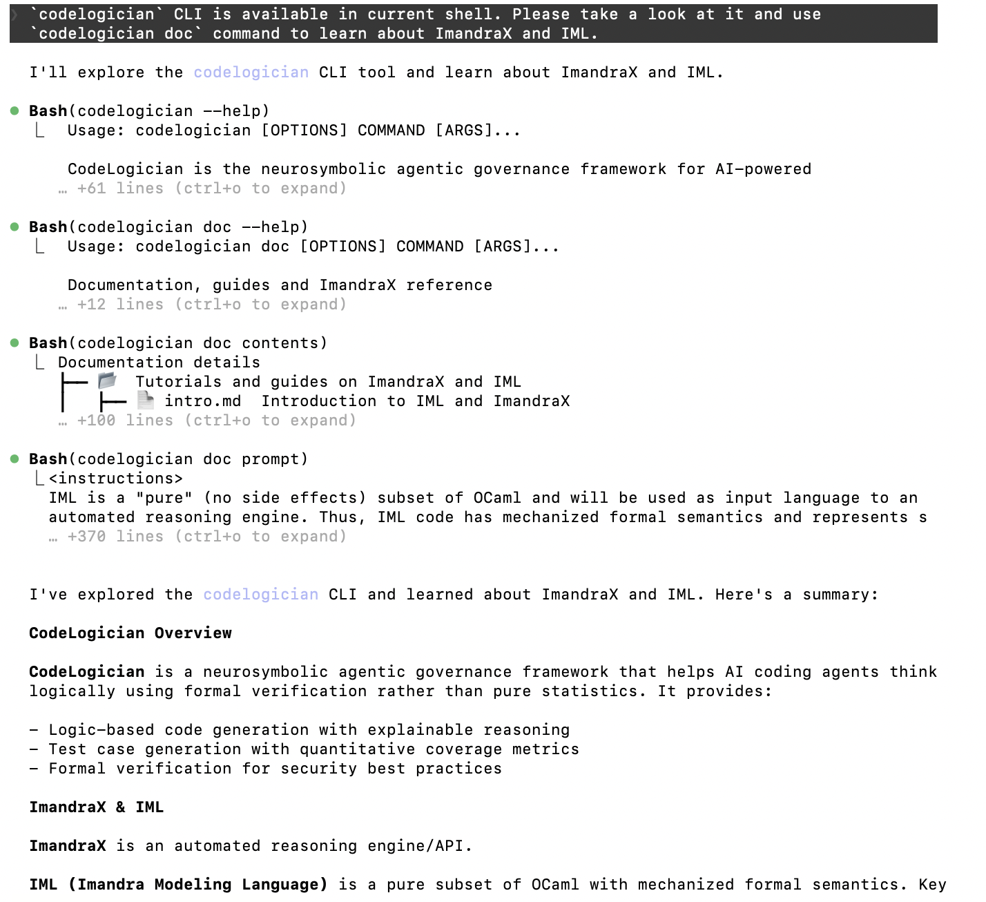 Claude Code exploring the CodeLogician CLI and learning about ImandraX and IML documentation
