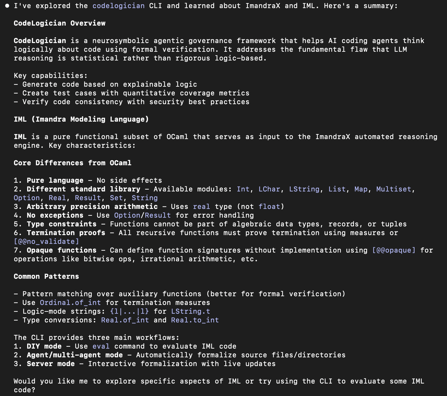 Claude Code completing CLI exploration showing IML Reference summary and CodeLogician overview