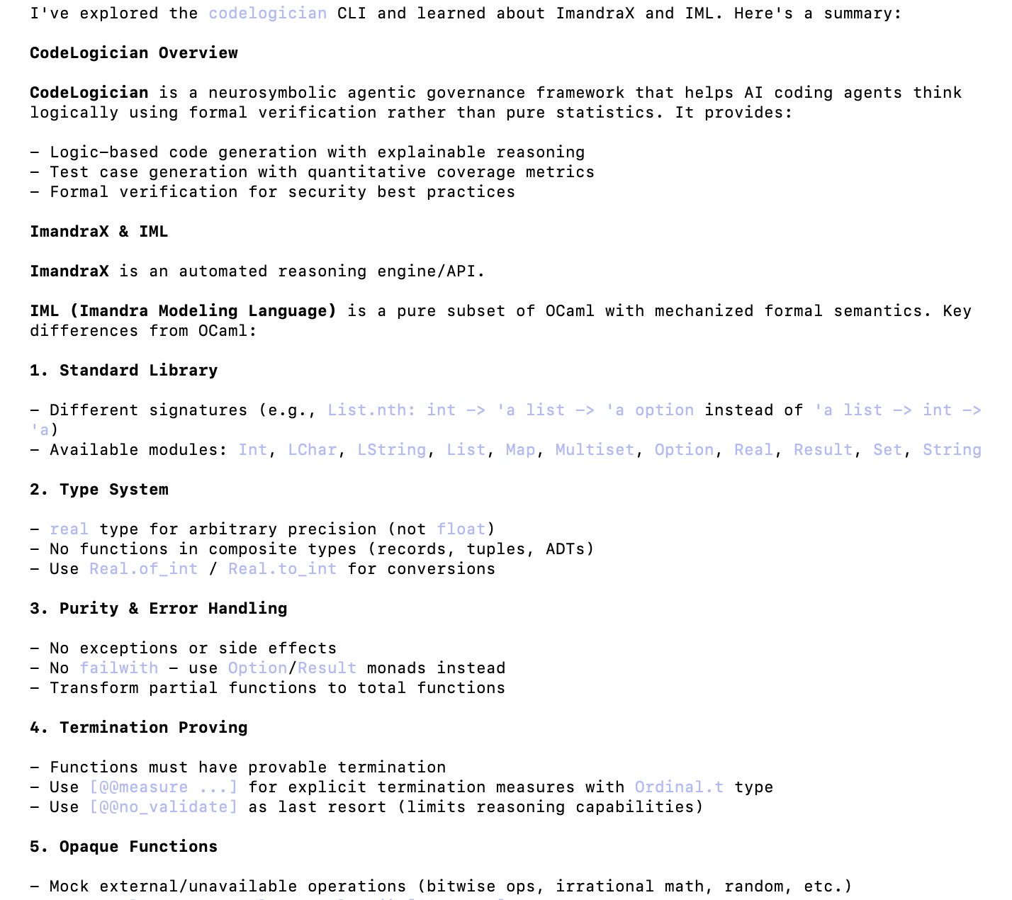 Claude Code completing CLI exploration showing IML Reference summary and CodeLogician overview