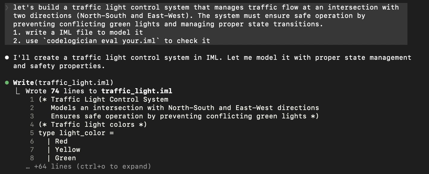 Claude Code creating traffic light control system in IML with successful evaluation