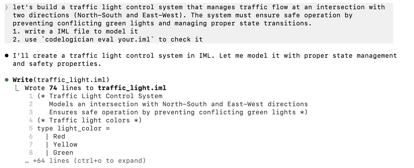 Claude Code creating traffic light control system in IML with successful evaluation