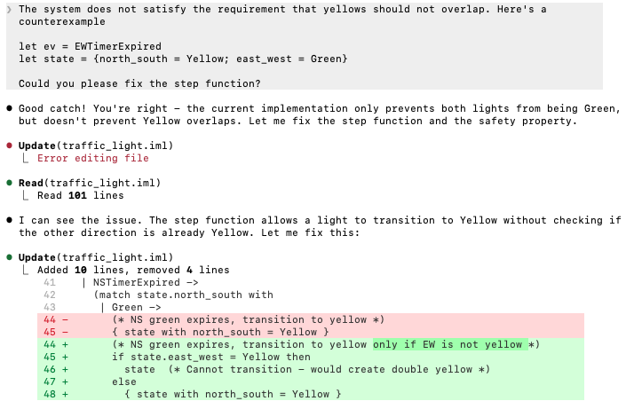 Claude Code updating traffic_light.iml with safety checks to prevent double yellow states