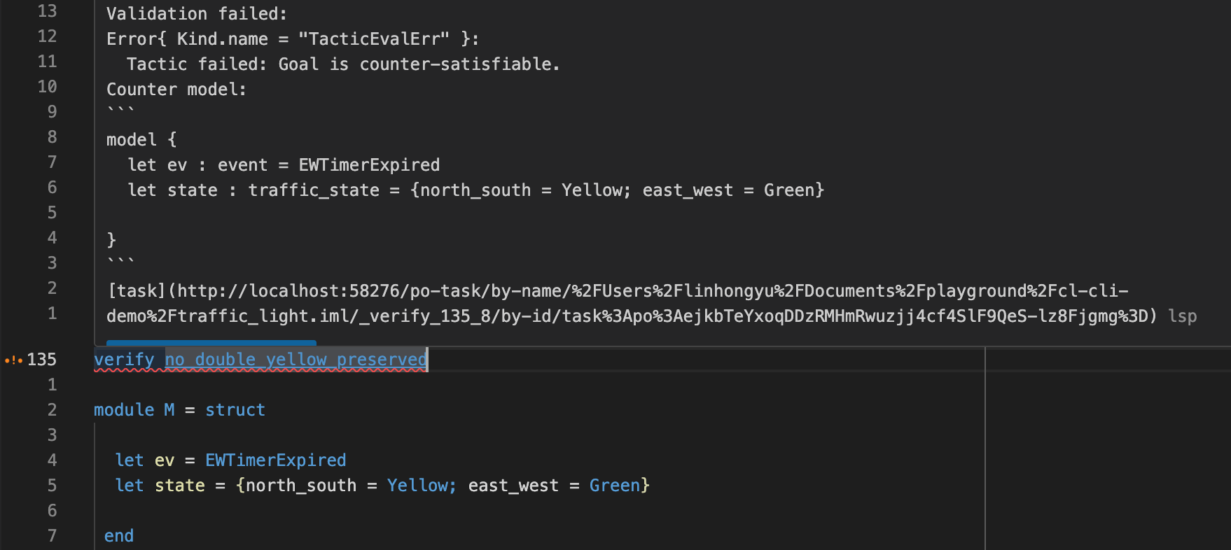 CodeLogician interface showing warning message for unsupported language with option to continue formalization