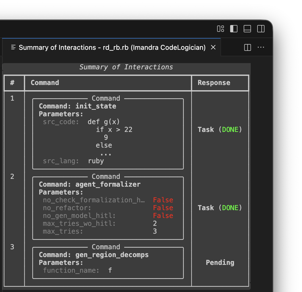 CodeLogician interface showing the Run pending commands button to execute queued commands