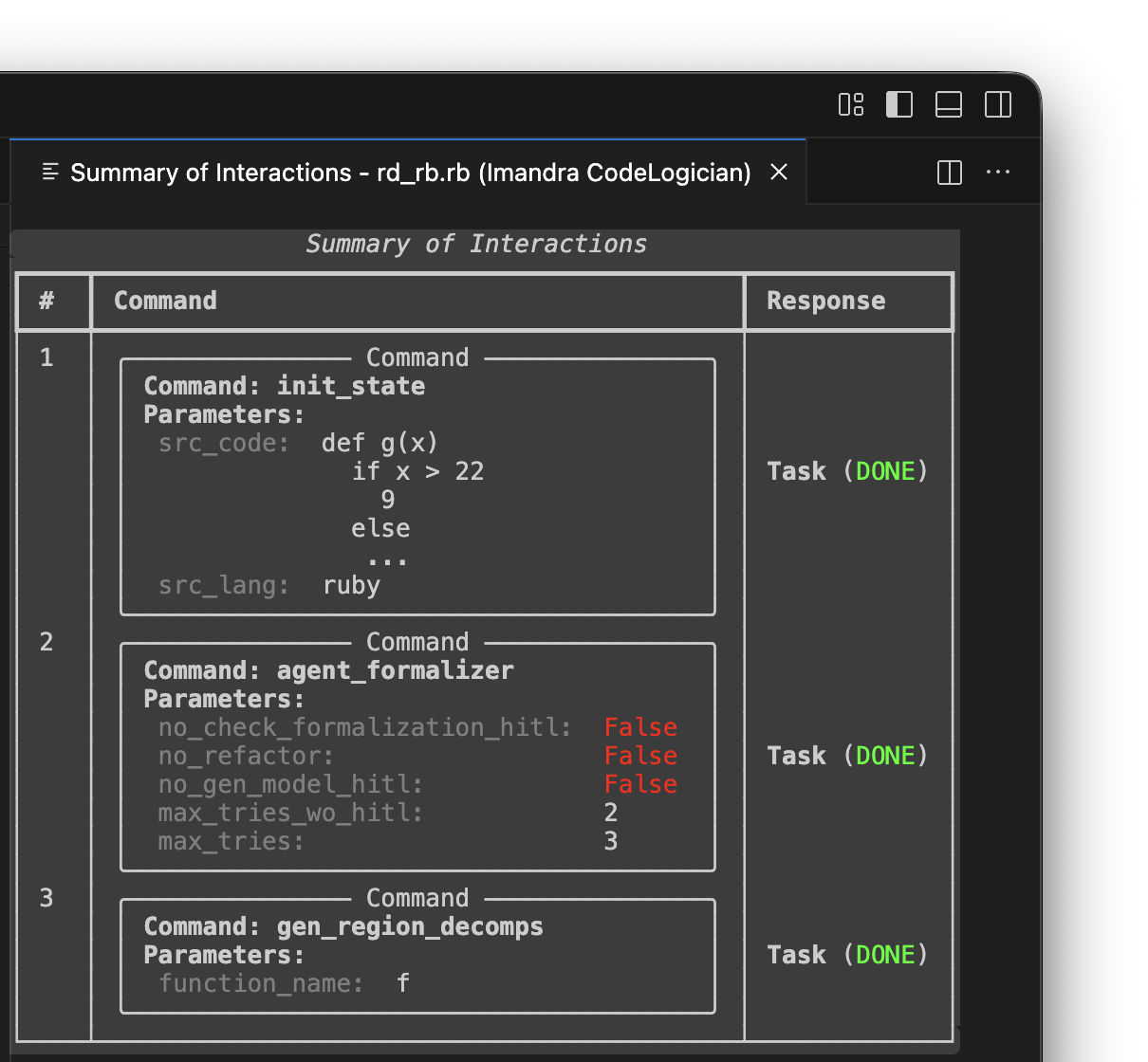 CodeLogician interface showing completed command execution with option to add further tasks to queue