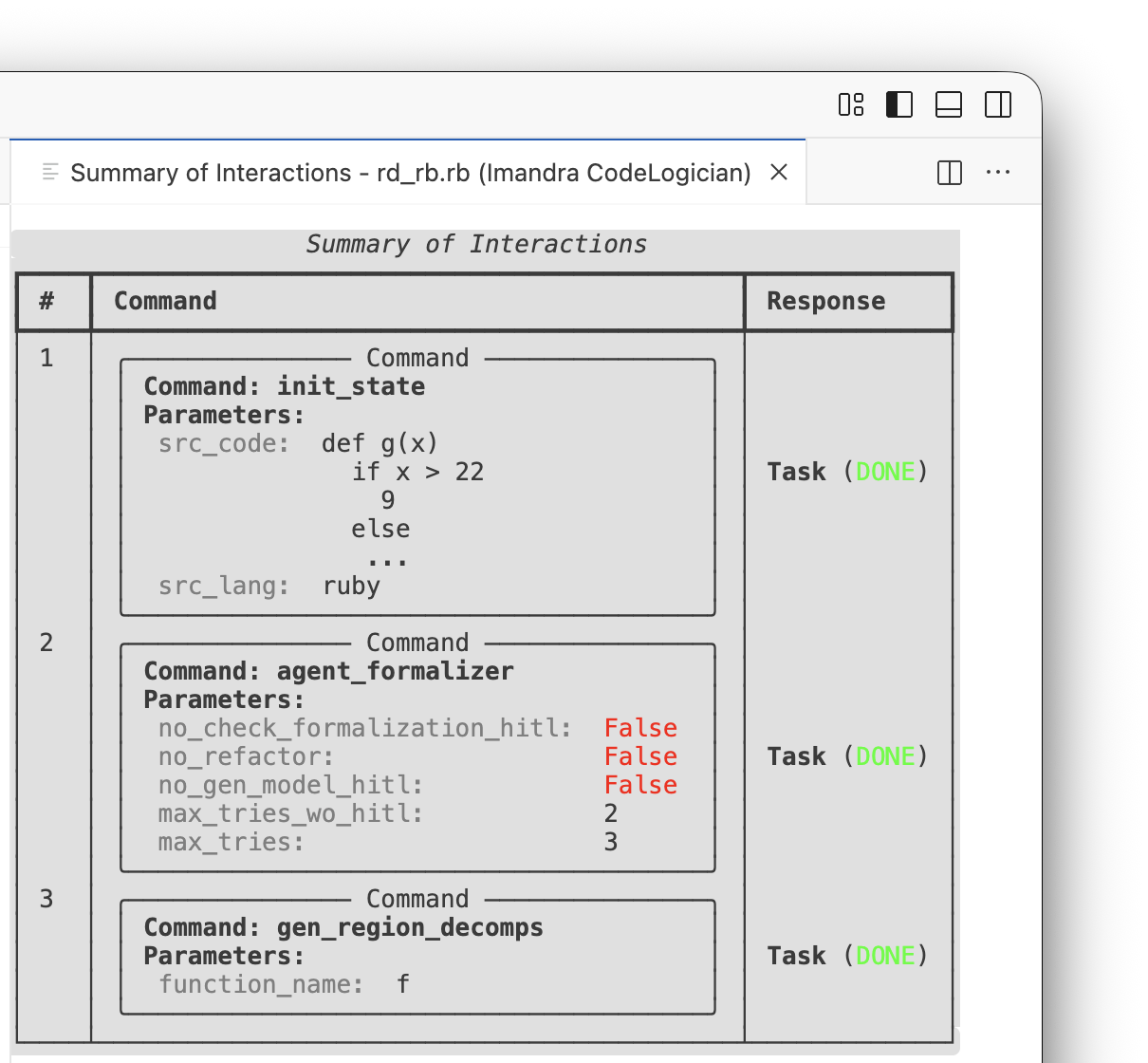 CodeLogician interface showing completed command execution with option to add further tasks to queue