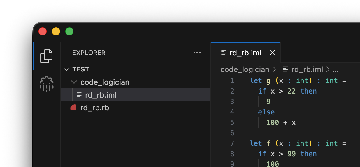 VS Code project explorer showing IML model file created in the code_logician subdirectory during formalization