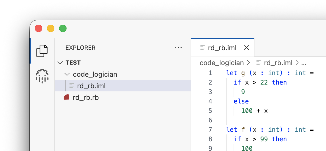 VS Code project explorer showing IML model file created in the code_logician subdirectory during formalization