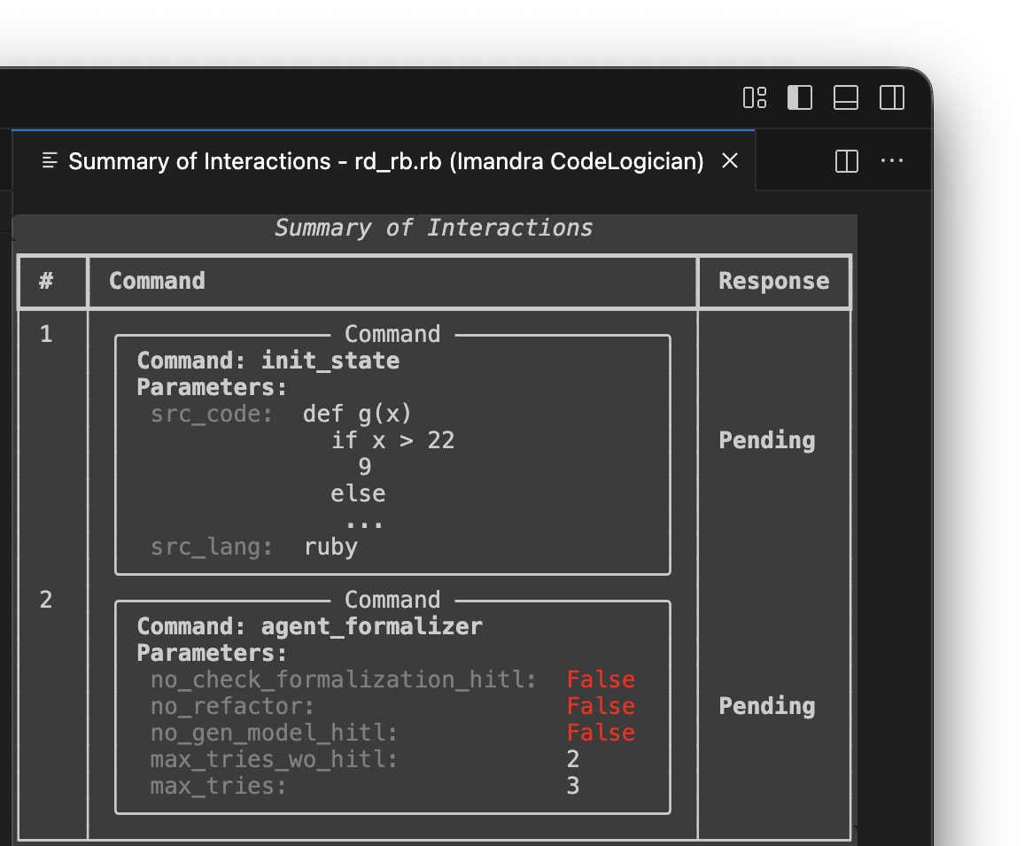CodeLogician Summary of Interactions panel displaying the command queue in the STATE VIEWERS sidebar