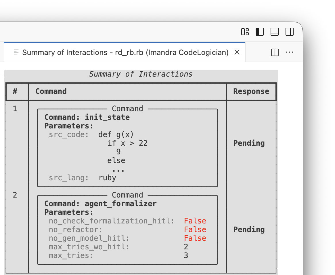 CodeLogician Summary of Interactions panel displaying the command queue in the STATE VIEWERS sidebar