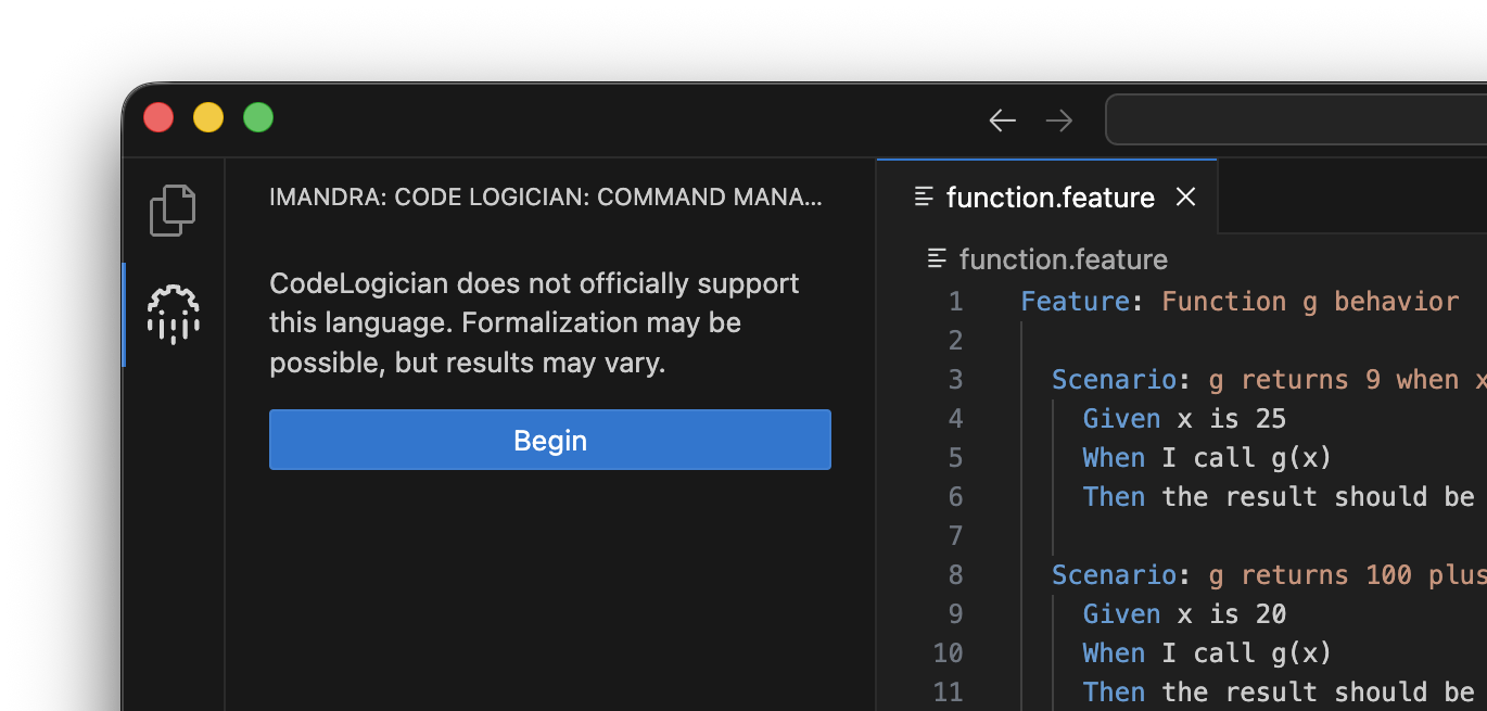 CodeLogician interface showing warning message for unsupported language with option to continue formalization