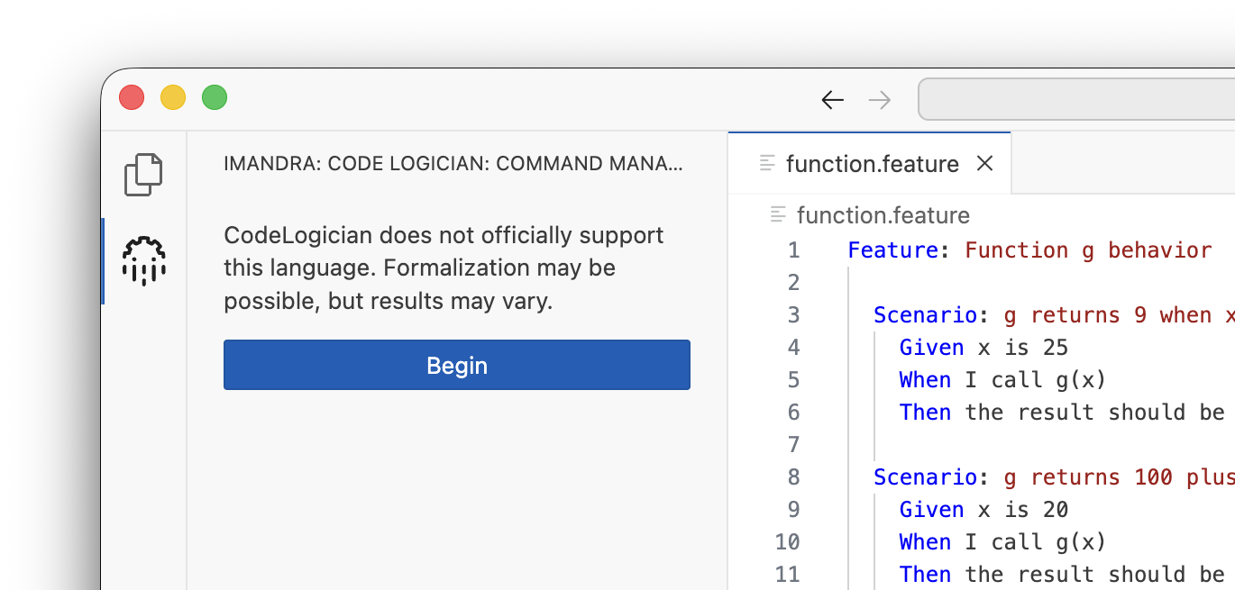 CodeLogician interface showing warning message for unsupported language with option to continue formalization